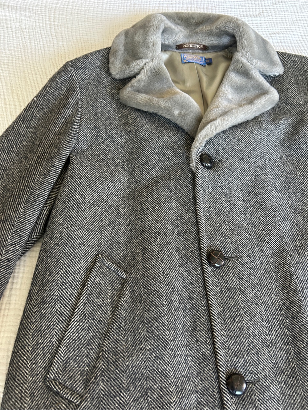 Vintage Pendleton Men’s Gray Herringbone Wool Pea Coat